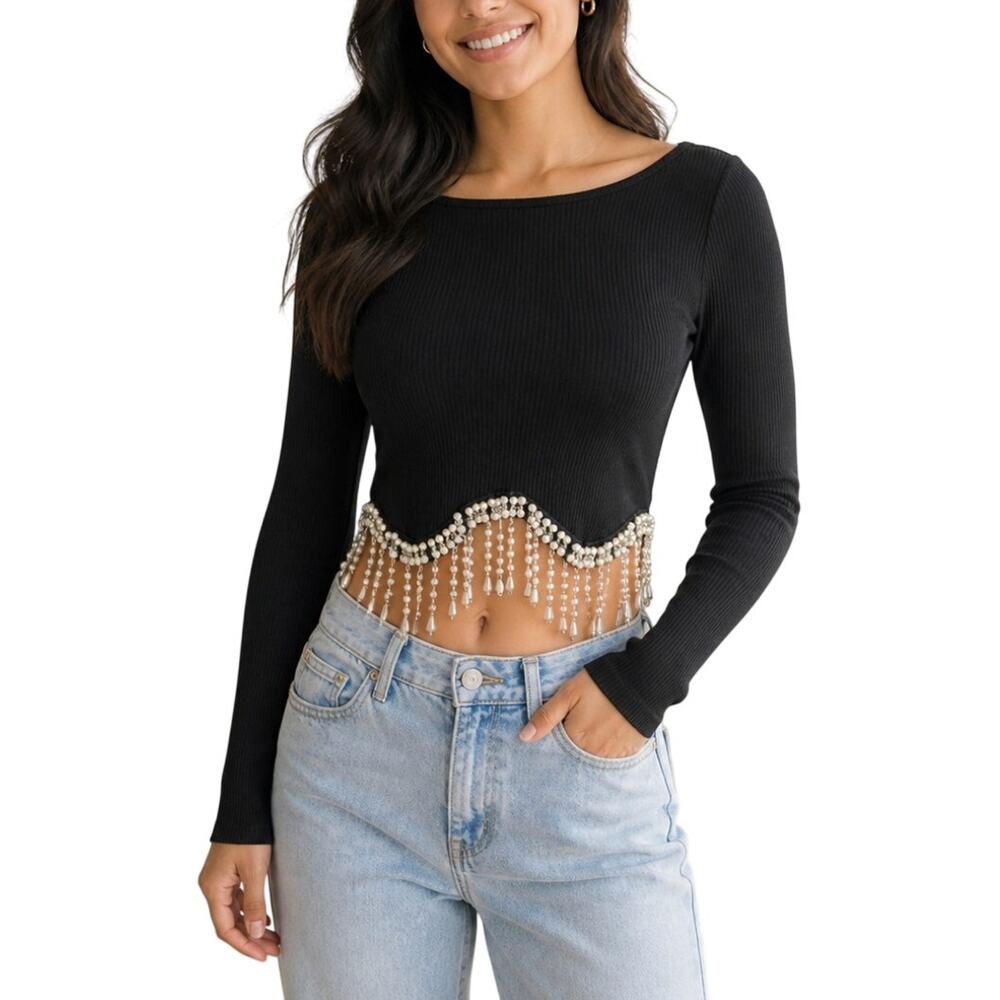 ANWND Black Knit Pearl Fringe Crop Top Size S/M NWT